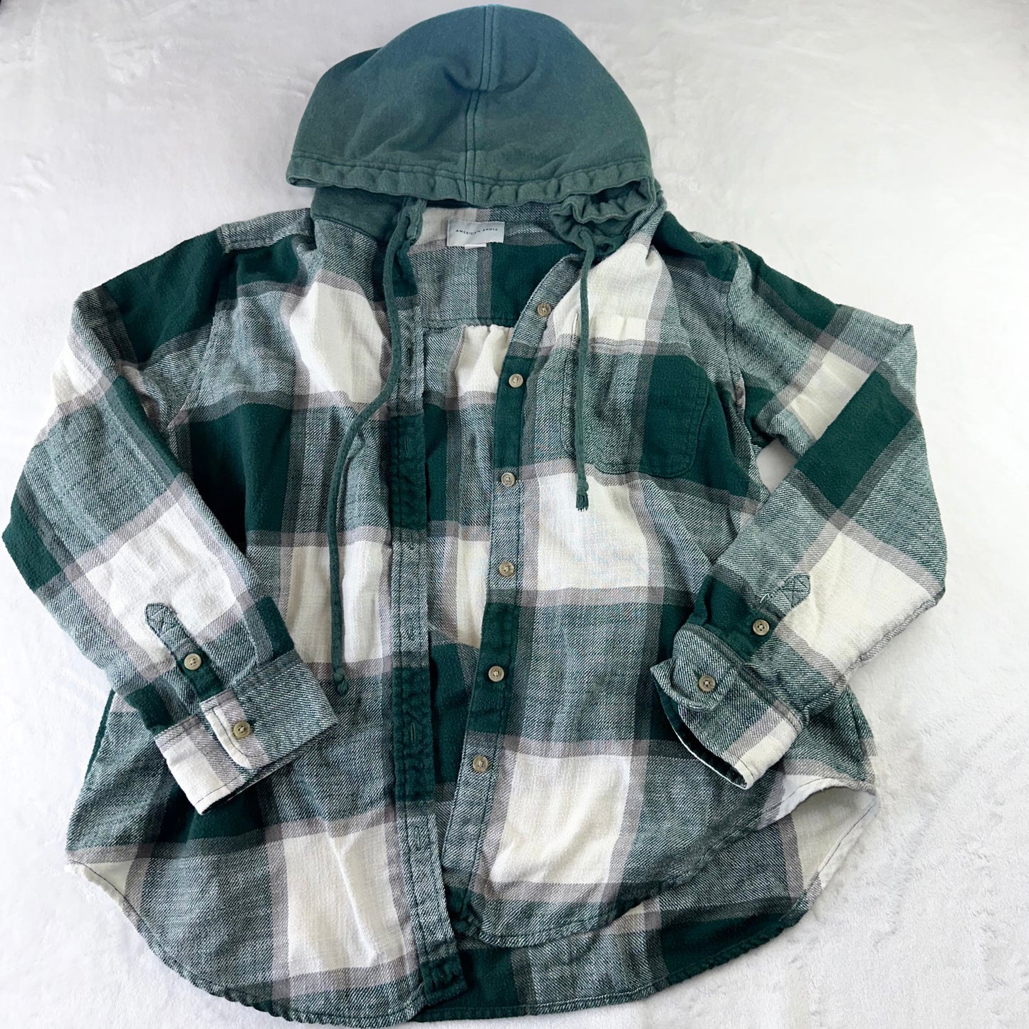 Size S Cream/Forest Green Plaid Hooded Flannel