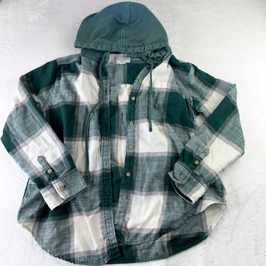 Size S Cream/Forest Green Plaid Hooded Flannel