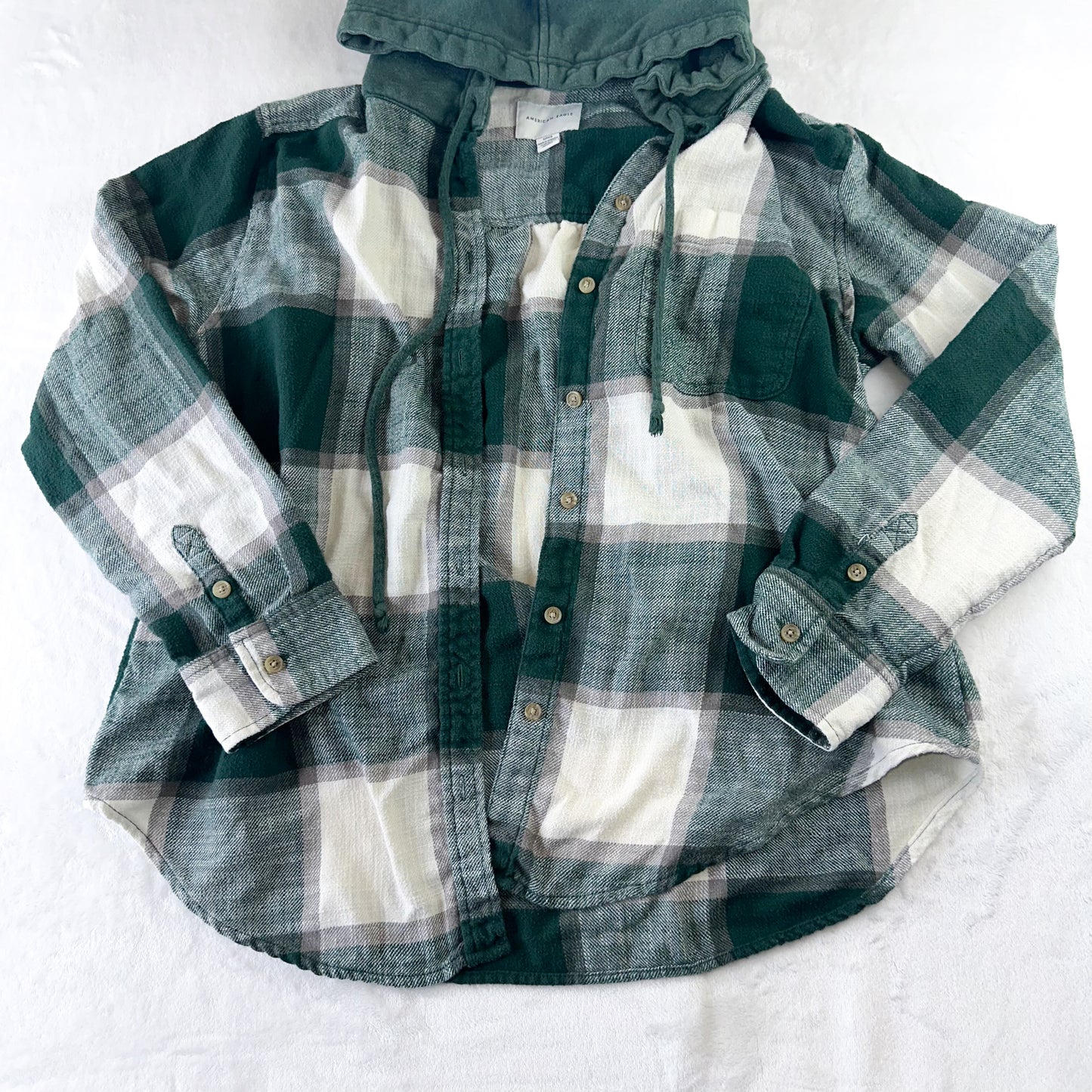 Size S Cream/Forest Green Plaid Hooded Flannel