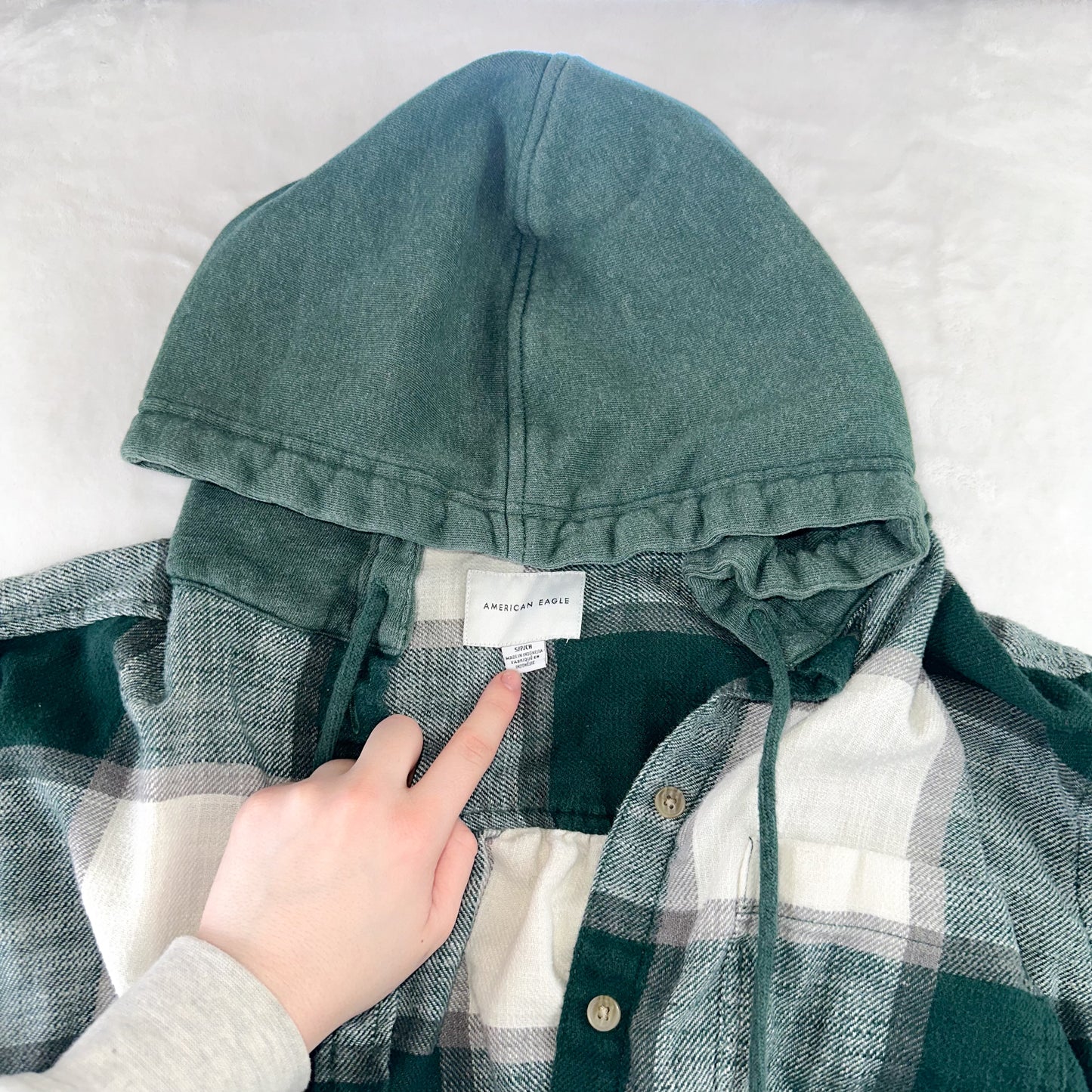 Size S Cream/Forest Green Plaid Hooded Flannel